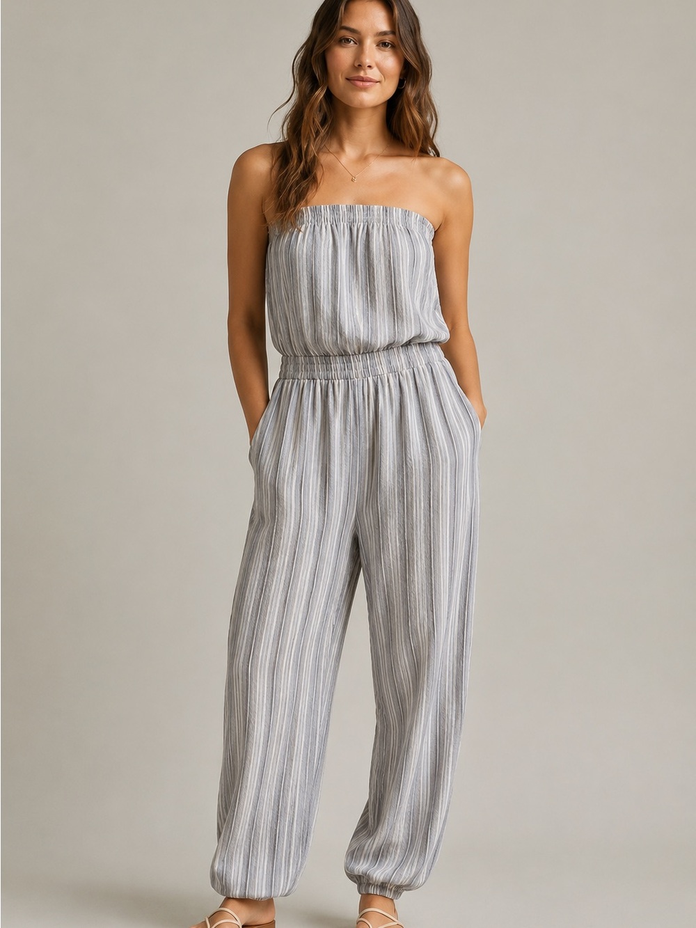 bishop + young Strapless Striped Jumpsuit in Light Gray and White